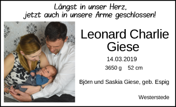 Babyanzeige von Leonard Charlie Giese von Nordwest-Zeitung