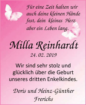 Babyanzeige von Milla Reinhardt von Nordwest-Zeitung