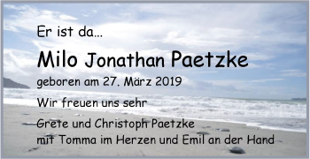 Babyanzeige von Milo Jonathan Paetzke von Nordwest-Zeitung