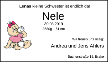 Babyanzeige von Nele Ahlers von Nordwest-Zeitung