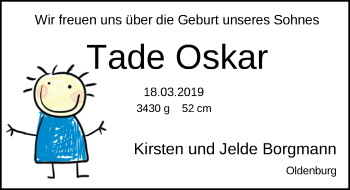 Babyanzeige von Tade Oskar Borgmann von Nordwest-Zeitung
