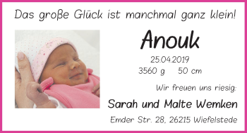 Babyanzeige von Anouk Wemken von Nordwest-Zeitung