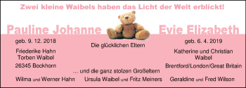 Babyanzeige von Evie Elizabeth Waibel von Nordwest-Zeitung