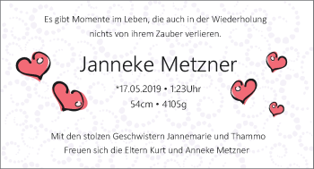 Babyanzeige von Janneke Metzner von Nordwest-Zeitung