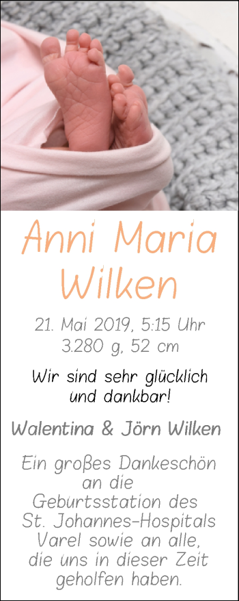 Babyanzeige von Anni Maria Wilken von Nordwest-Zeitung