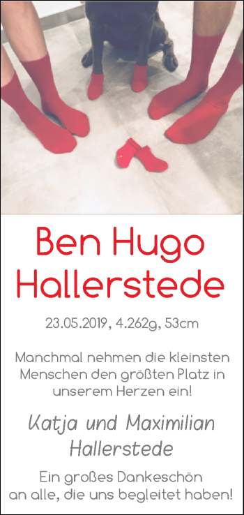 Babyanzeige von Ben Hugo Hallerstede von Nordwest-Zeitung
