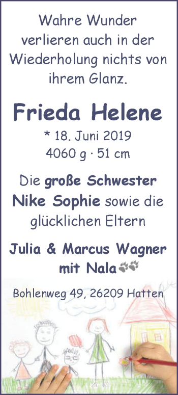 Babyanzeige von Frieda Helene Wagner von Nordwest-Zeitung