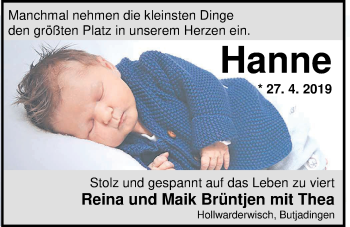 Babyanzeige von Hanne Brüntjen von Nordwest-Zeitung