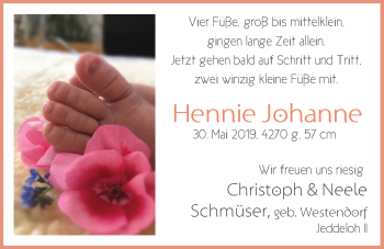 Babyanzeige von Hennie Johanne Schmüser von Nordwest-Zeitung