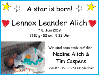 Babyanzeige von Lennox Leander Alich von Nordwest-Zeitung