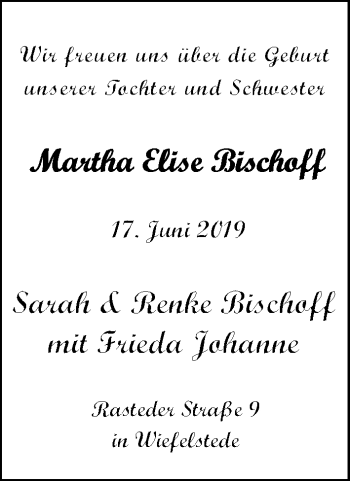 Babyanzeige von Martha Elise Bischoff von Nordwest-Zeitung