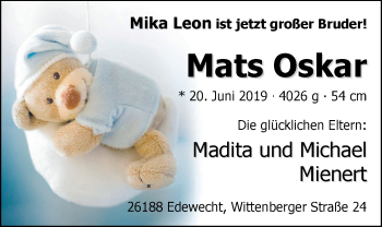 Babyanzeige von Mats Oskar Mienert von Nordwest-Zeitung