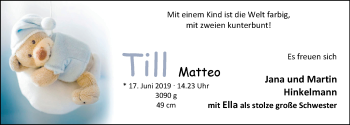 Babyanzeige von Till Matteo Hinkelmann von Nordwest-Zeitung