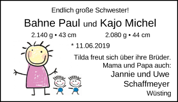 Babyanzeige von Bahne Paul und Kajo Michel  von Nordwest-Zeitung