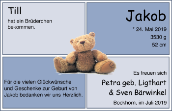 Babyanzeige von Jakob Bärwinkel von Nordwest-Zeitung