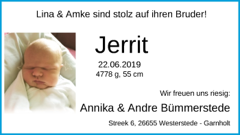 Babyanzeige von Jerrit Bümmerstede von Nordwest-Zeitung