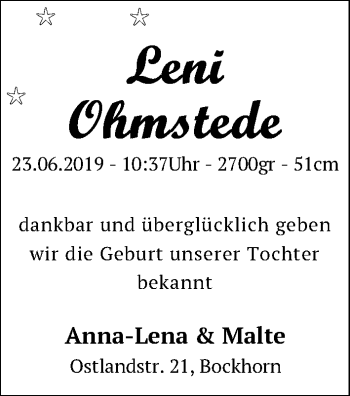 Babyanzeige von Leni Ohmstede von Nordwest-Zeitung