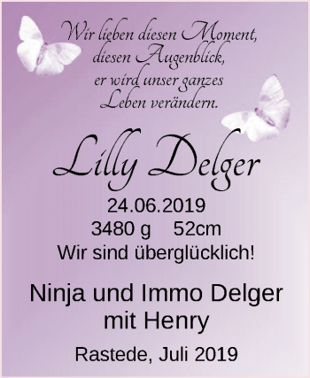 Babyanzeige von Lilly Delger von Nordwest-Zeitung