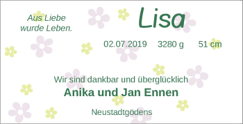 Babyanzeige von Lisa Ennen von Nordwest-Zeitung