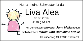 Babyanzeige von Liva Alea Kowalle von Nordwest-Zeitung