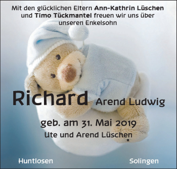 Babyanzeige von Richard Arend Ludwig Lüschen von Nordwest-Zeitung