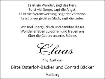 Babyanzeige von Claas Bäcker von Nordwest-Zeitung