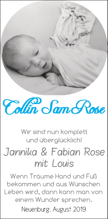 Babyanzeige von Collin Sam Rose von Nordwest-Zeitung