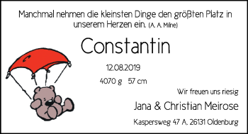 Babyanzeige von Constantin Meirose von Nordwest-Zeitung