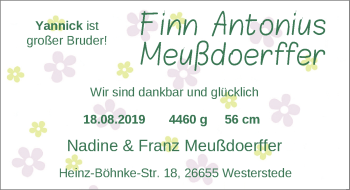 Babyanzeige von Finn Antonius Meußdoerffer von Nordwest-Zeitung