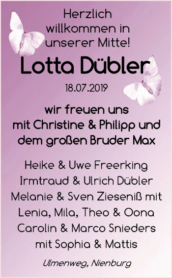 Babyanzeige von Lotta Dübler von Nordwest-Zeitung