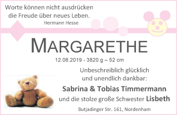 Babyanzeige von Margarethe Timmermann von Nordwest-Zeitung