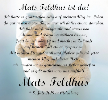 Babyanzeige von Mats Feldhus von Nordwest-Zeitung