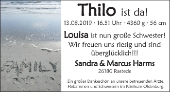 Babyanzeige von Thilo Harms von Nordwest-Zeitung