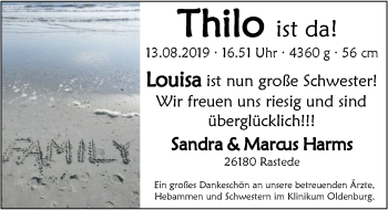 Babyanzeige von Thilo Harms von Nordwest-Zeitung