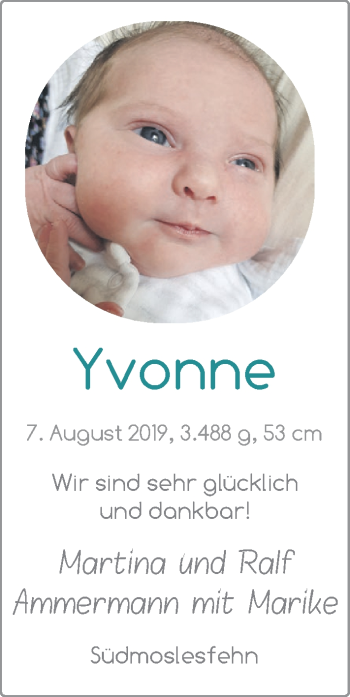 Babyanzeige von Yvonne  von Nordwest-Zeitung