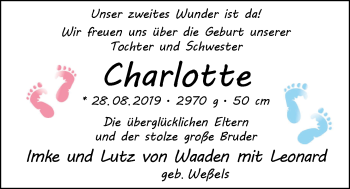 Babyanzeige von Charlotte von Waaden von Nordwest-Zeitung