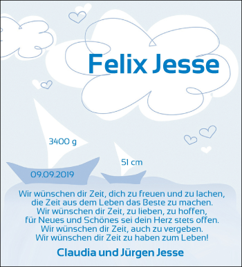 Babyanzeige von Felix Jesse von Nordwest-Zeitung