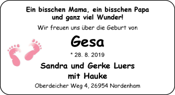 Babyanzeige von Gesa Luers von Nordwest-Zeitung
