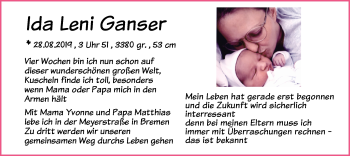 Babyanzeige von Ida Leni Ganser von Nordwest-Zeitung