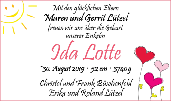 Babyanzeige von Ida Lotte Lützel von Nordwest-Zeitung