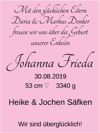 Babyanzeige von Johanna Denker von Nordwest-Zeitung