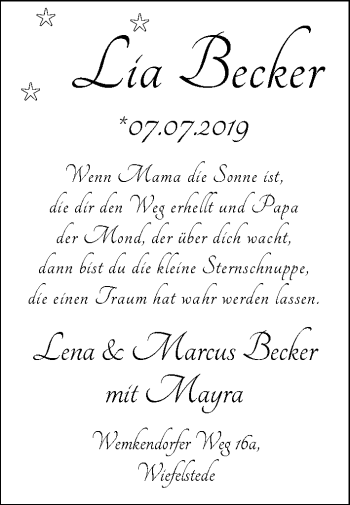 Babyanzeige von Lia Becker von Nordwest-Zeitung