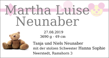 Babyanzeige von Martha Luise Neunaber von Nordwest-Zeitung
