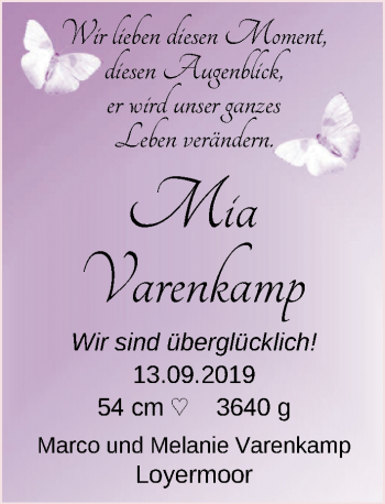Babyanzeige von Mia Varenkamp von Nordwest-Zeitung