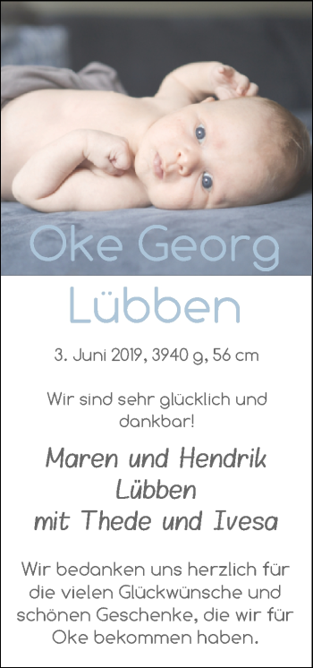 Babyanzeige von Oke Georg Lübben von Nordwest-Zeitung