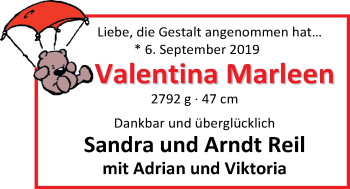 Babyanzeige von Valentina Marleen Reil von Nordwest-Zeitung