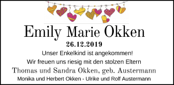 Babyanzeige von Emily Marie Okken von Nordwest-Zeitung