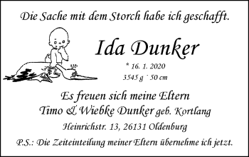Babyanzeige von Ida Dunker von Nordwest-Zeitung