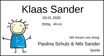 Babyanzeige von Klaas Sander von Nordwest-Zeitung