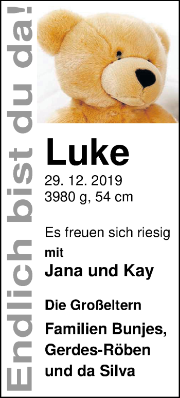 Babyanzeige von Luke  von Nordwest-Zeitung